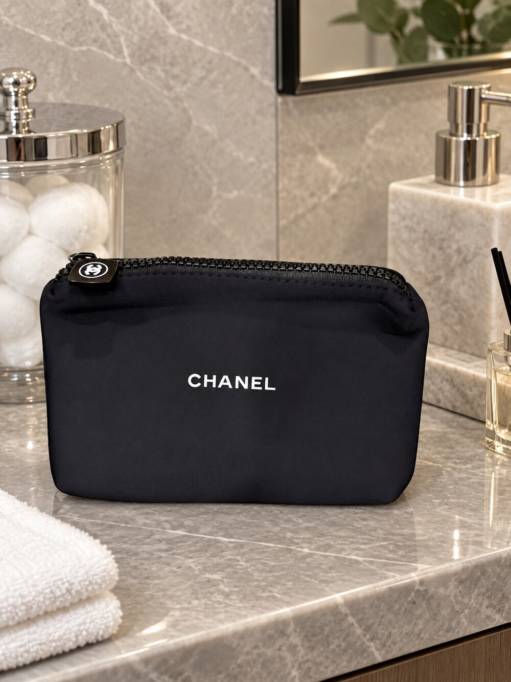 Chanel Black Zip Cosmetic Pouch | Small Beauty Organizer